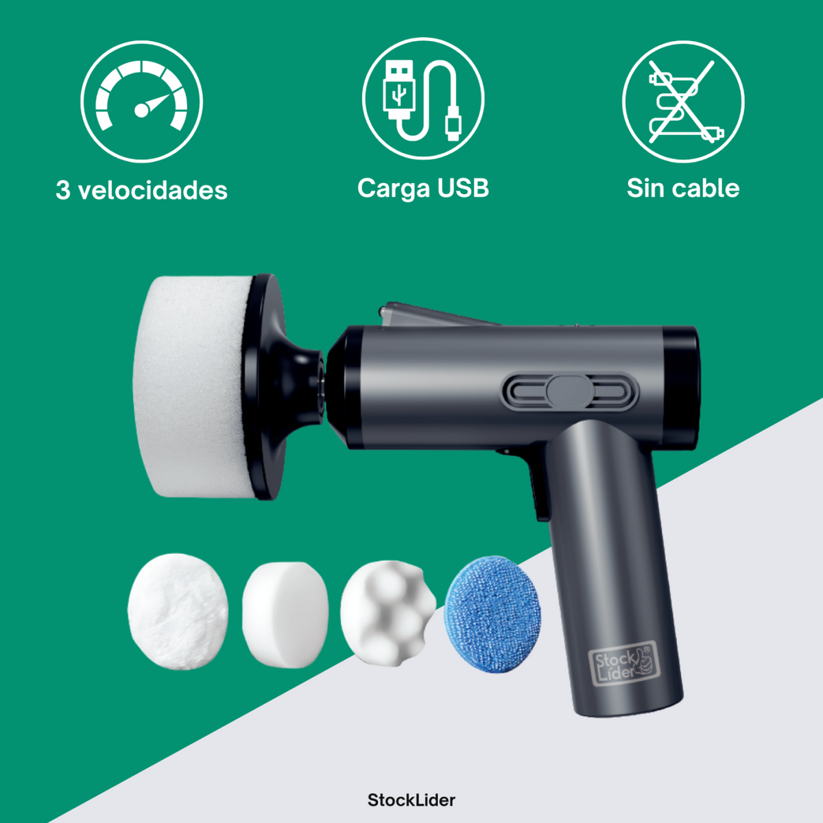 Pulidora Inalámbrica Multiuso 3 Velocidades con 3 Esponjas - Encerar y Abrillantar Coche