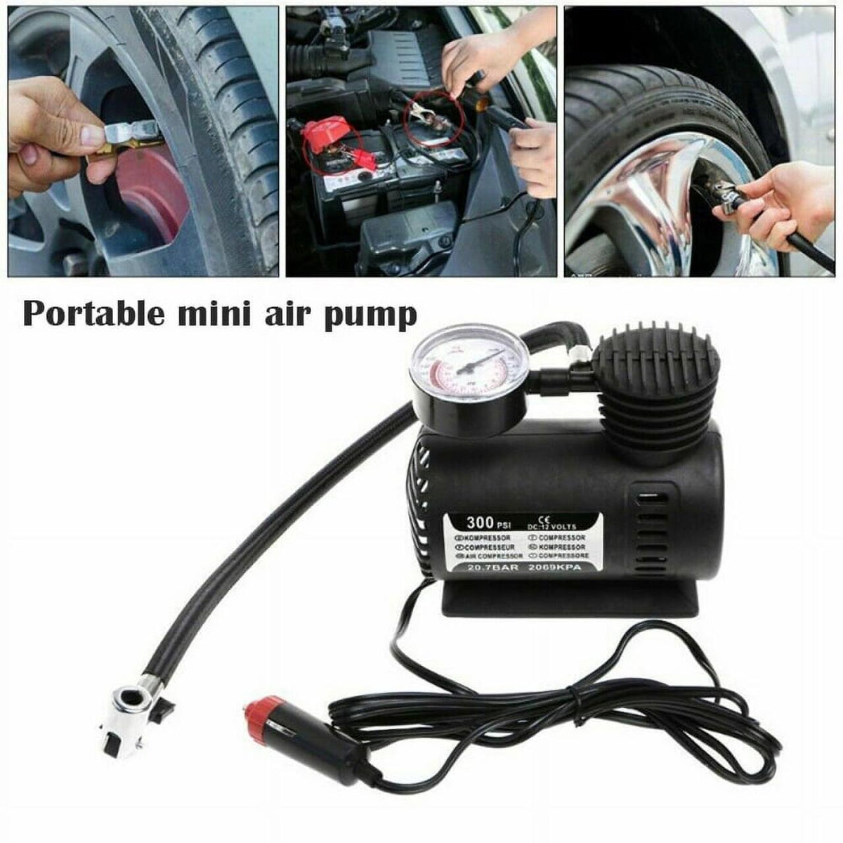 Compresor de Aire Portátil 12V 300 PSI para Neumáticos Coche con Manómetro