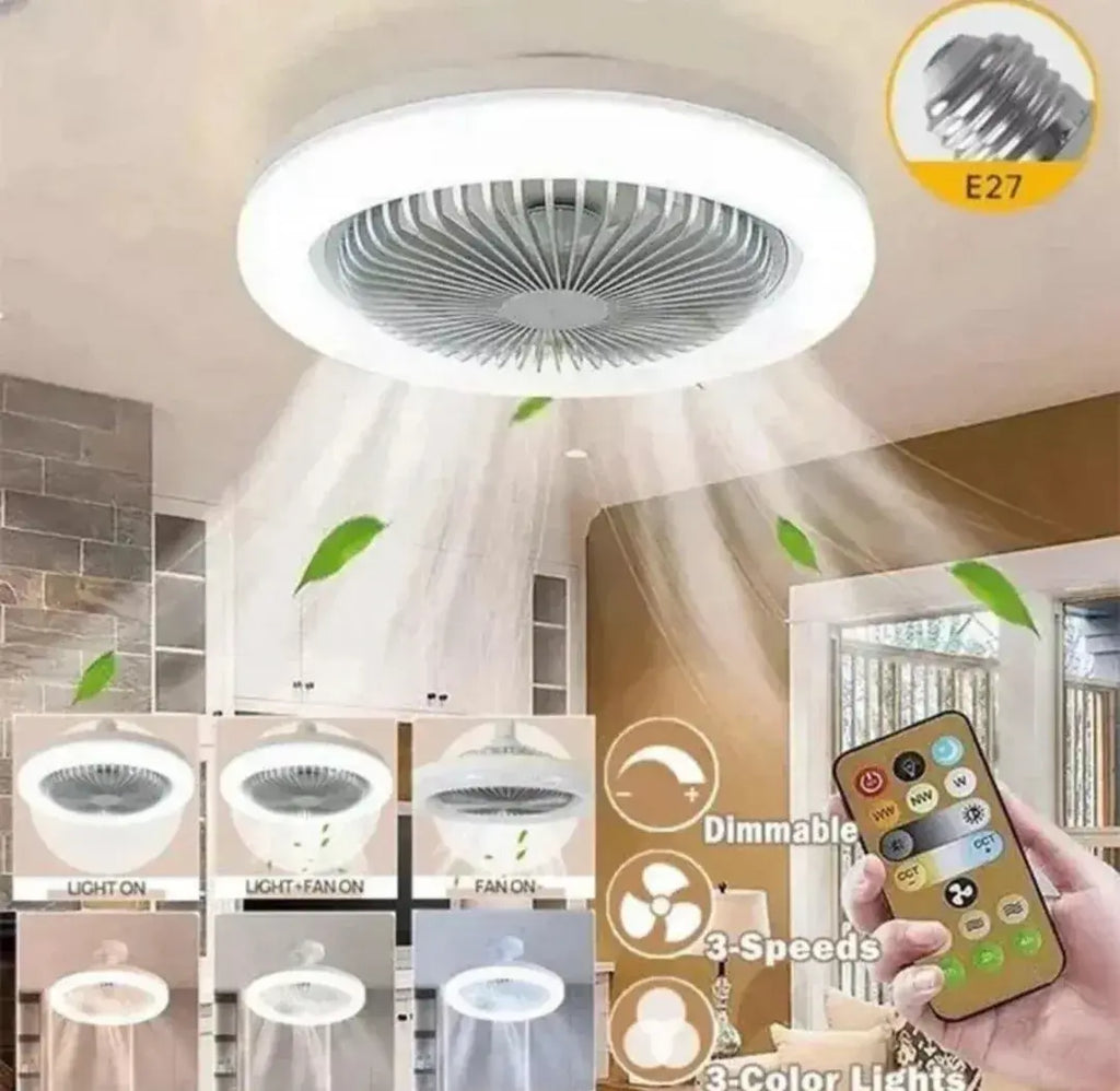 Lámpara y Ventilador Pequeño de Techo Silencioso con Luz LED - 2en1 con Mando 3 Velocidades