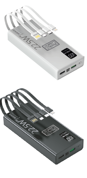 Powerbank 20.000mAh 22,5W con 4 Cables Integrados - Carga 5 Dispositivos Simultáneos