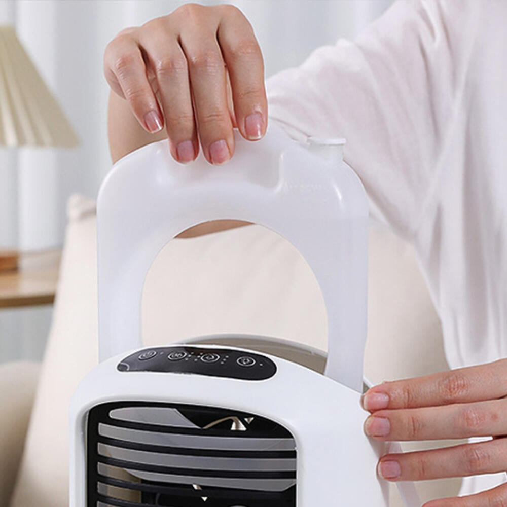 Aire Acondicionado Portátil USB Ventilador con Niebla de Agua, Humidificador y Luces LED Enfriador Personal Recargable