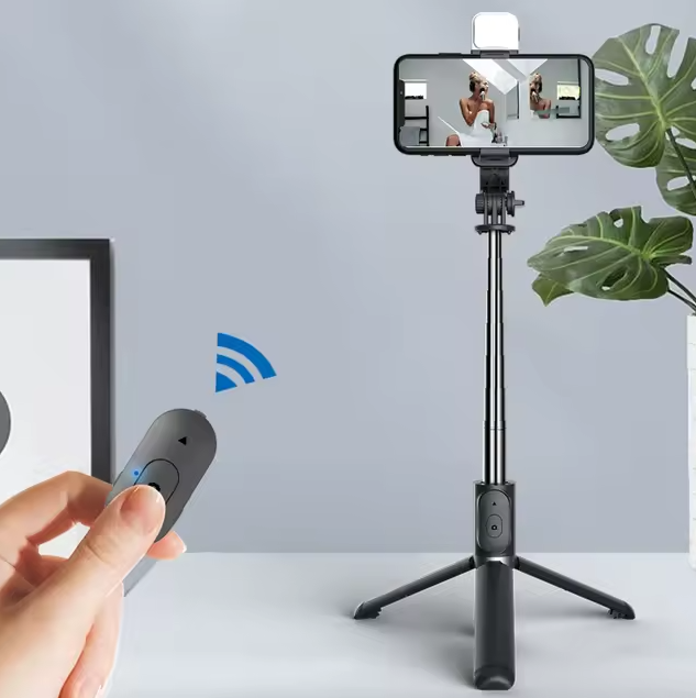Trípode y selfie para móviles, con Bluetooth, rotación 360°, 1040 mm, con luz