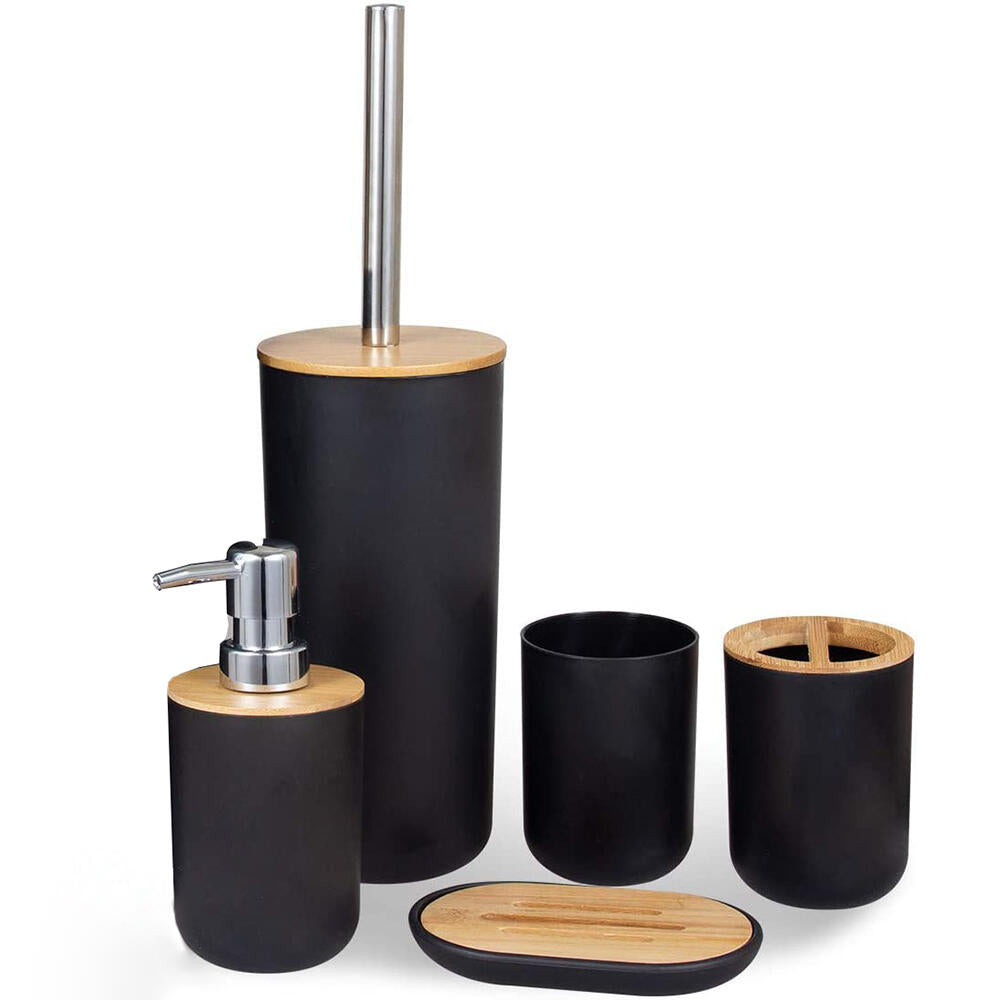 Set de Baño Set de Inodoro 5 Piezas Dispensador de Jabón, Portacepillos de Dientes, Cepillo de Baño, Jabonera & Vaso - Bambú