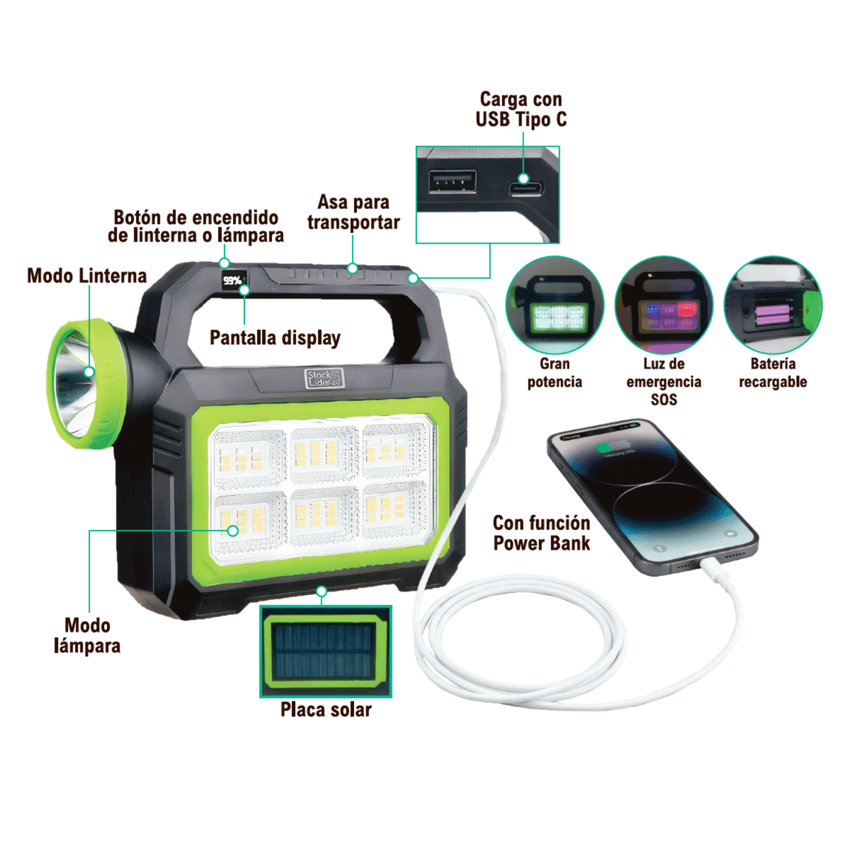 Foco Solar Portátil 4 en 1 - Linterna Solar PowerBank LED 1000LM