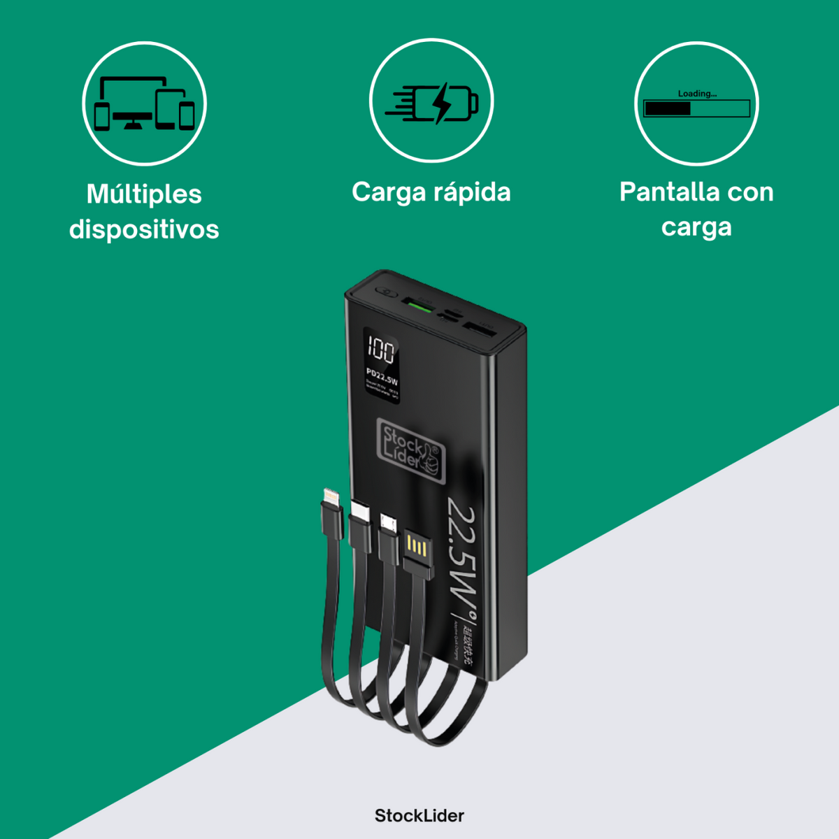 Powerbank 20.000mAh 22,5W con 4 Cables Integrados - Carga 5 Dispositivos Simultáneos