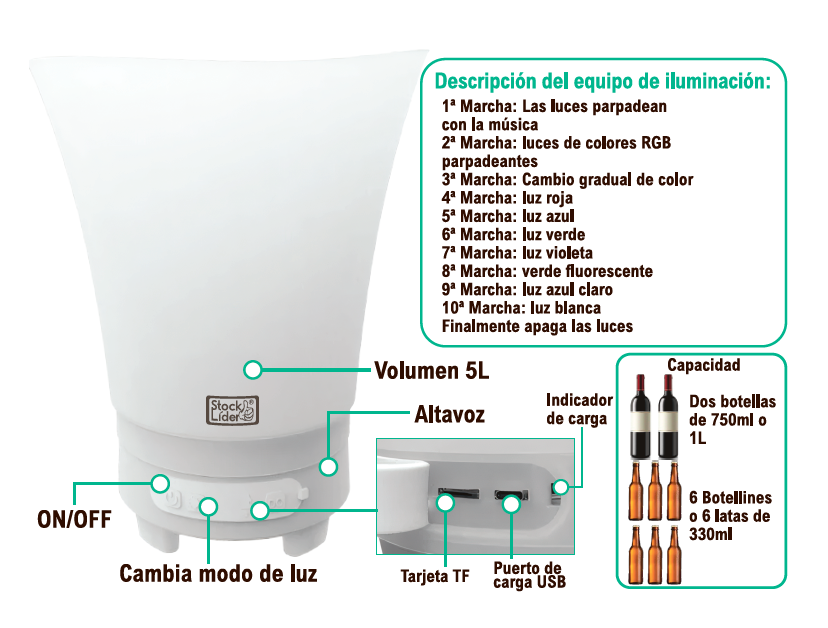 Cubitera De Hielo 5L Con Altavoz y Luz Multicolor Recargable para Fiestas