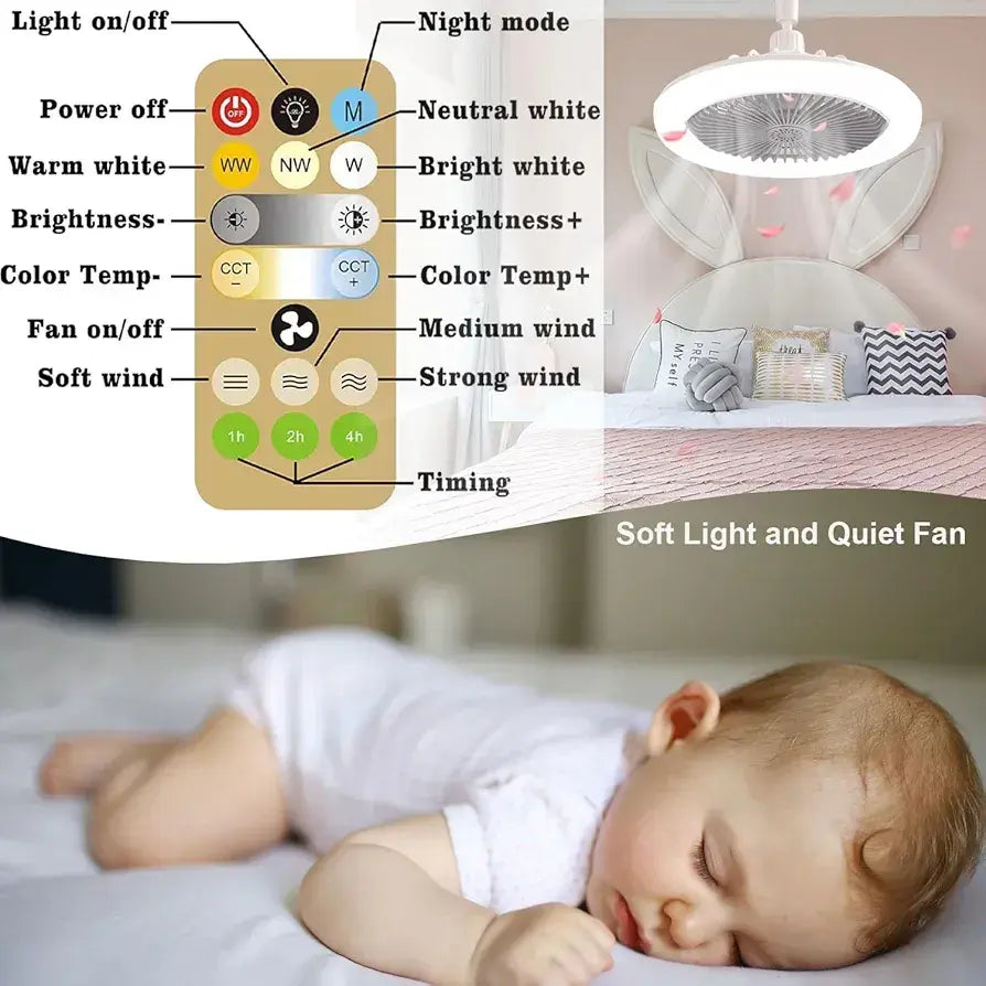 Lámpara y Ventilador Pequeño de Techo Silencioso con Luz LED - 2en1 con Mando 3 Velocidades