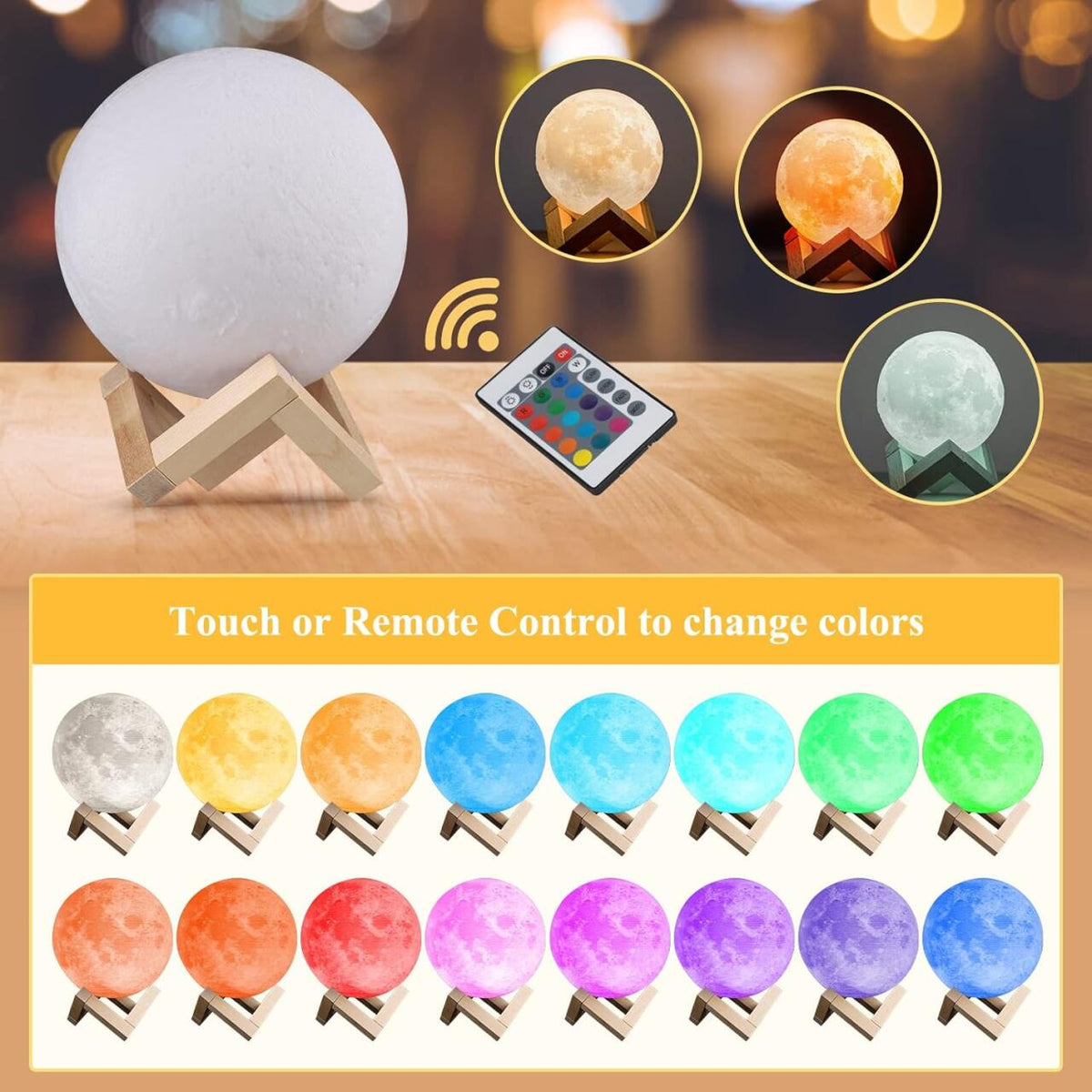 Lámpara Luna 3D 15cm 16 Colores con Mando y Soporte Madera