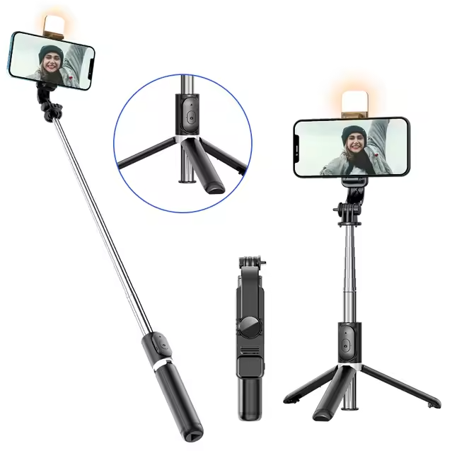 Trípode y selfie para móviles, con Bluetooth, rotación 360°, 1040 mm, con luz