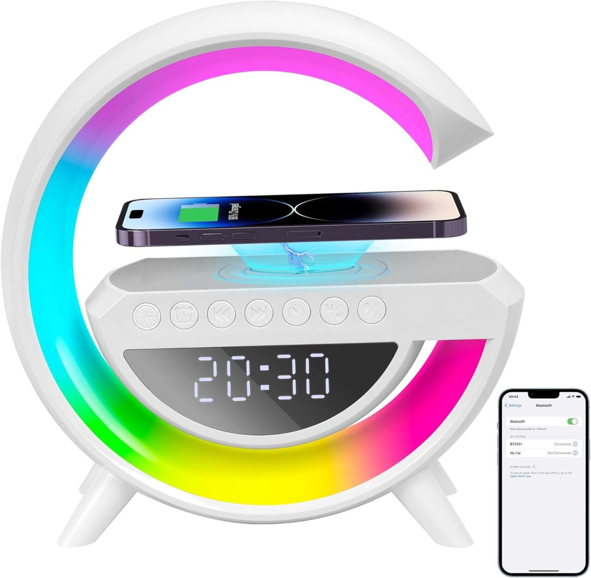 Lámpara Despertador Grande 3 en 1 - Altavoz Bluetooth + Carga inalámbrica + Luz Led
