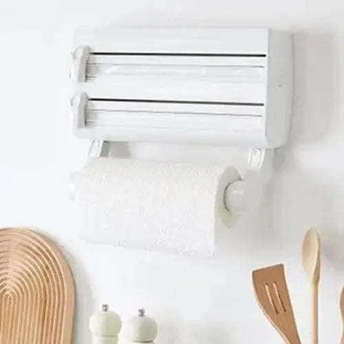 Dispensador Pared 3 en 1 para Papel Film, Aluminio y Papel Cocina con Cortador