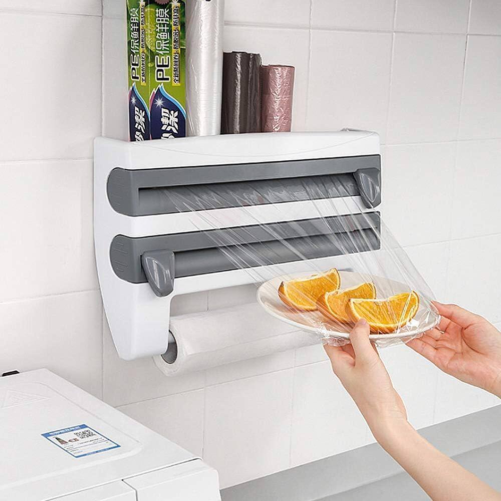 Dispensador Pared 3 en 1 para Papel Film, Aluminio y Papel Cocina con Cortador