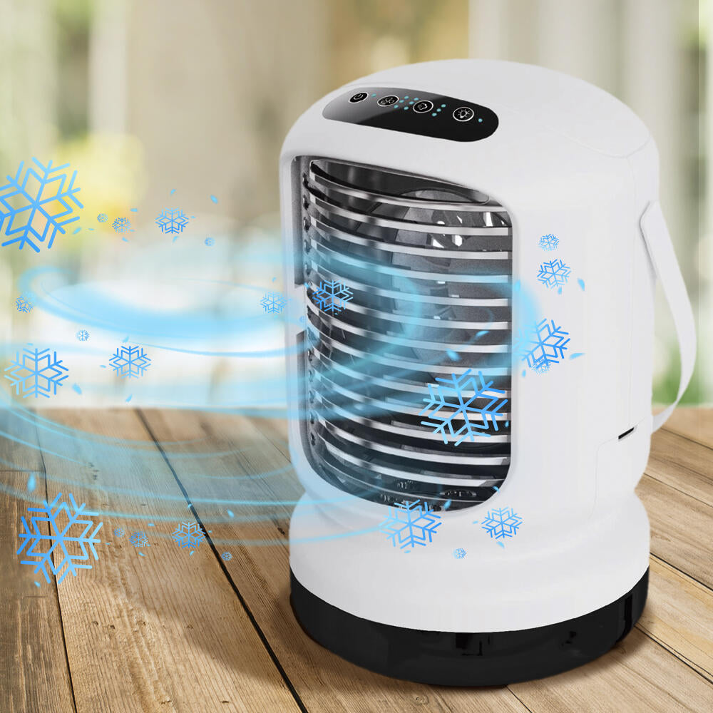 Aire Acondicionado Portátil USB Ventilador con Niebla de Agua, Humidificador y Luces LED Enfriador Personal Recargable