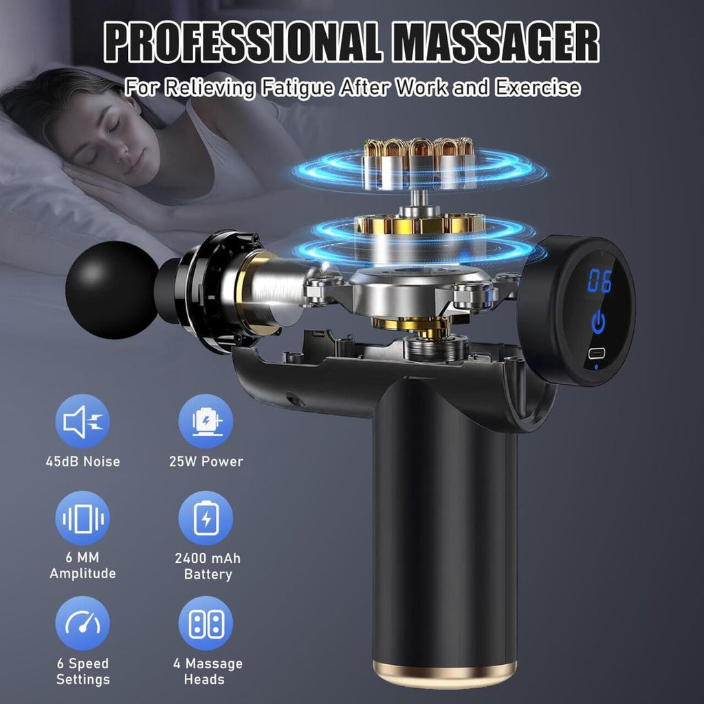 Pistola de Masaje Muscular Profesional Recargable 6Vel+4Cabezales