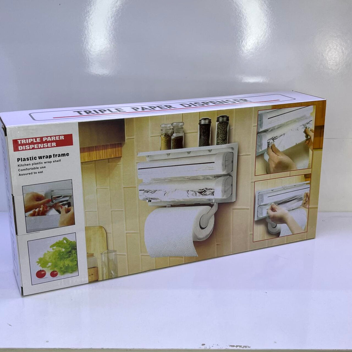 Dispensador Pared 3 en 1 para Papel Film, Aluminio y Papel Cocina con Cortador