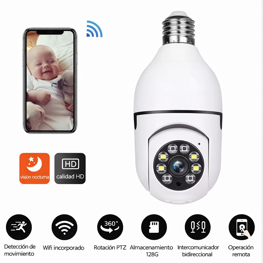 Camara de Seguridad WiFi Bombilla 360° HD Visión Nocturna