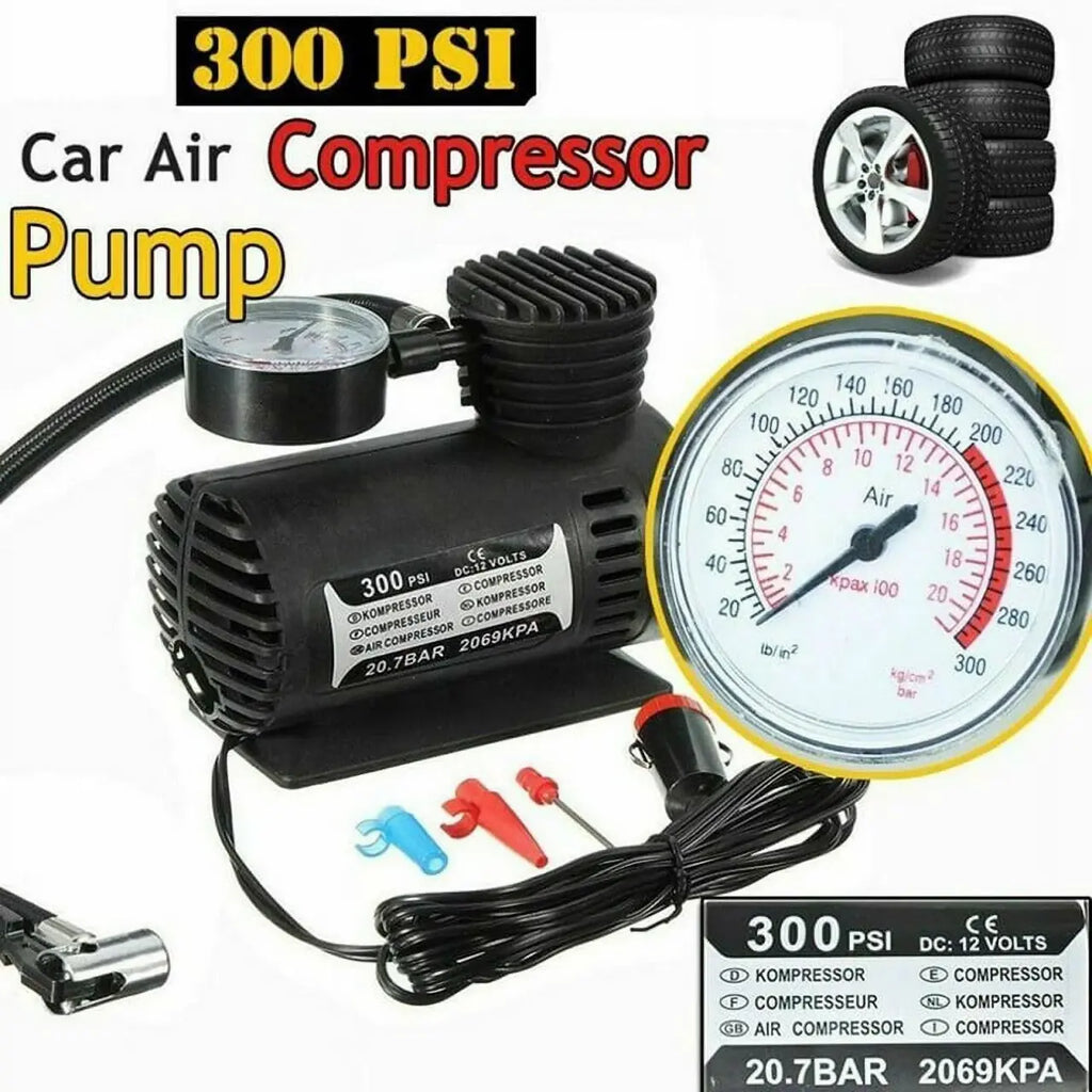 Compresor de Aire Portátil 12V 300 PSI para Neumáticos Coche con Manómetro