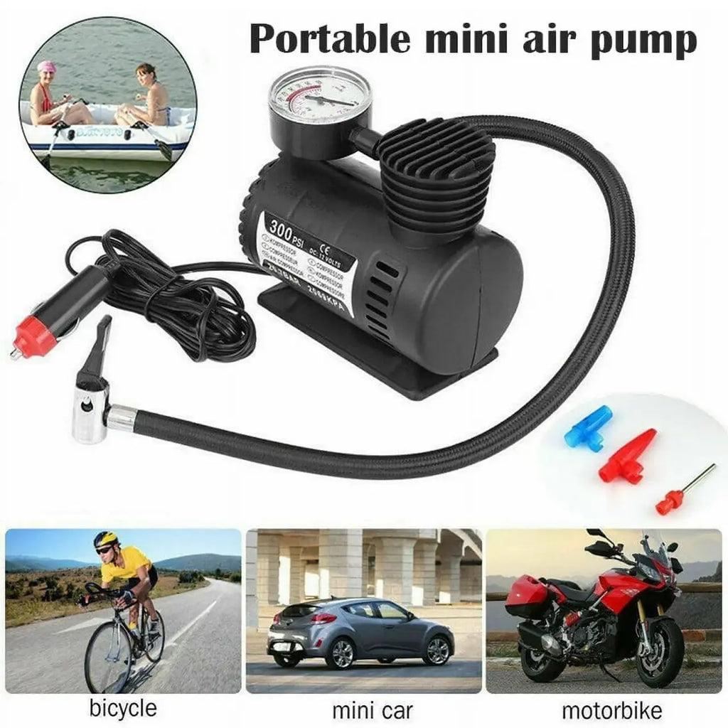 Compresor de Aire Portátil 12V 300 PSI para Neumáticos Coche con Manómetro