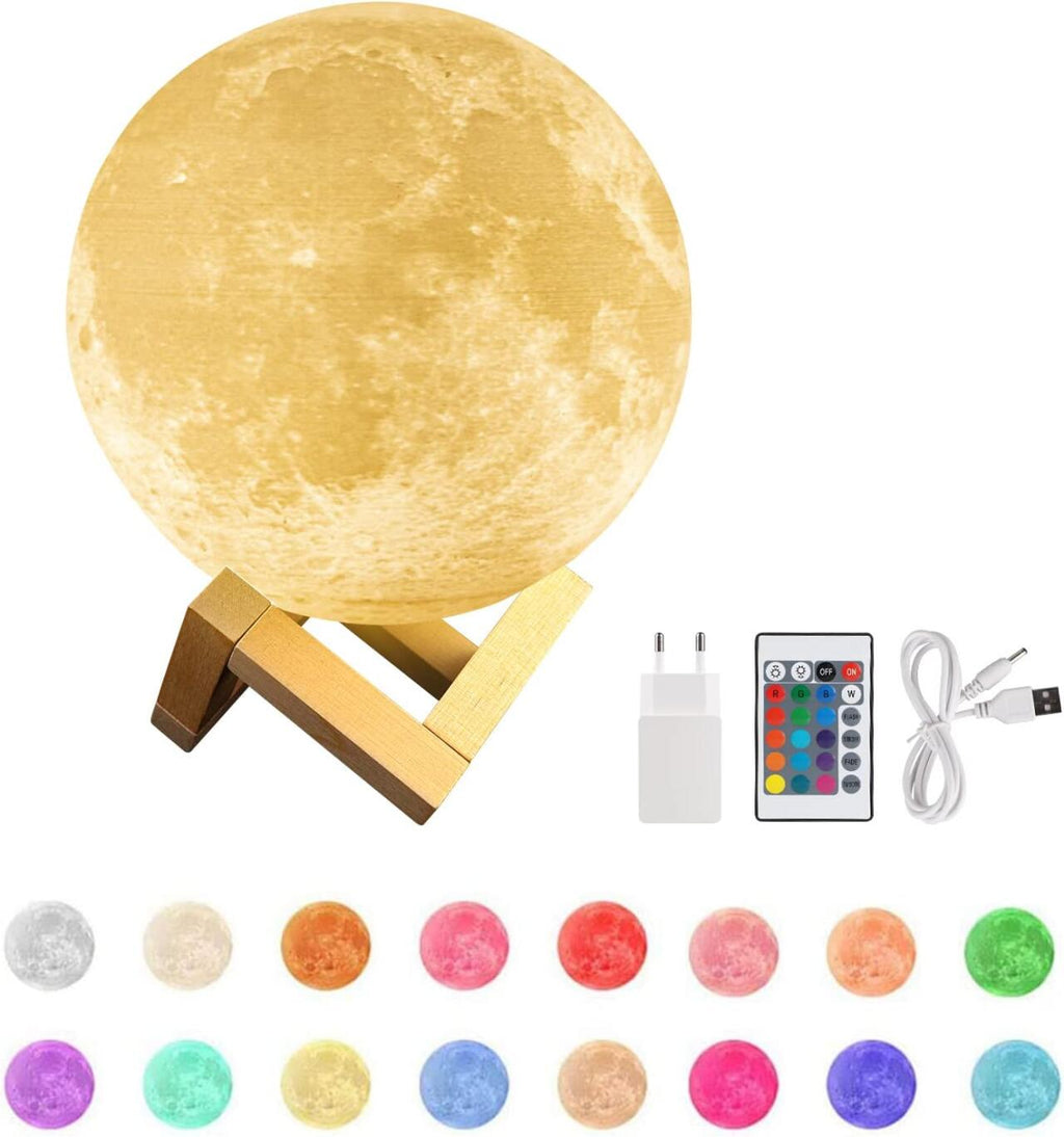 Lámpara Luna 3D 15cm 16 Colores con Mando y Soporte Madera