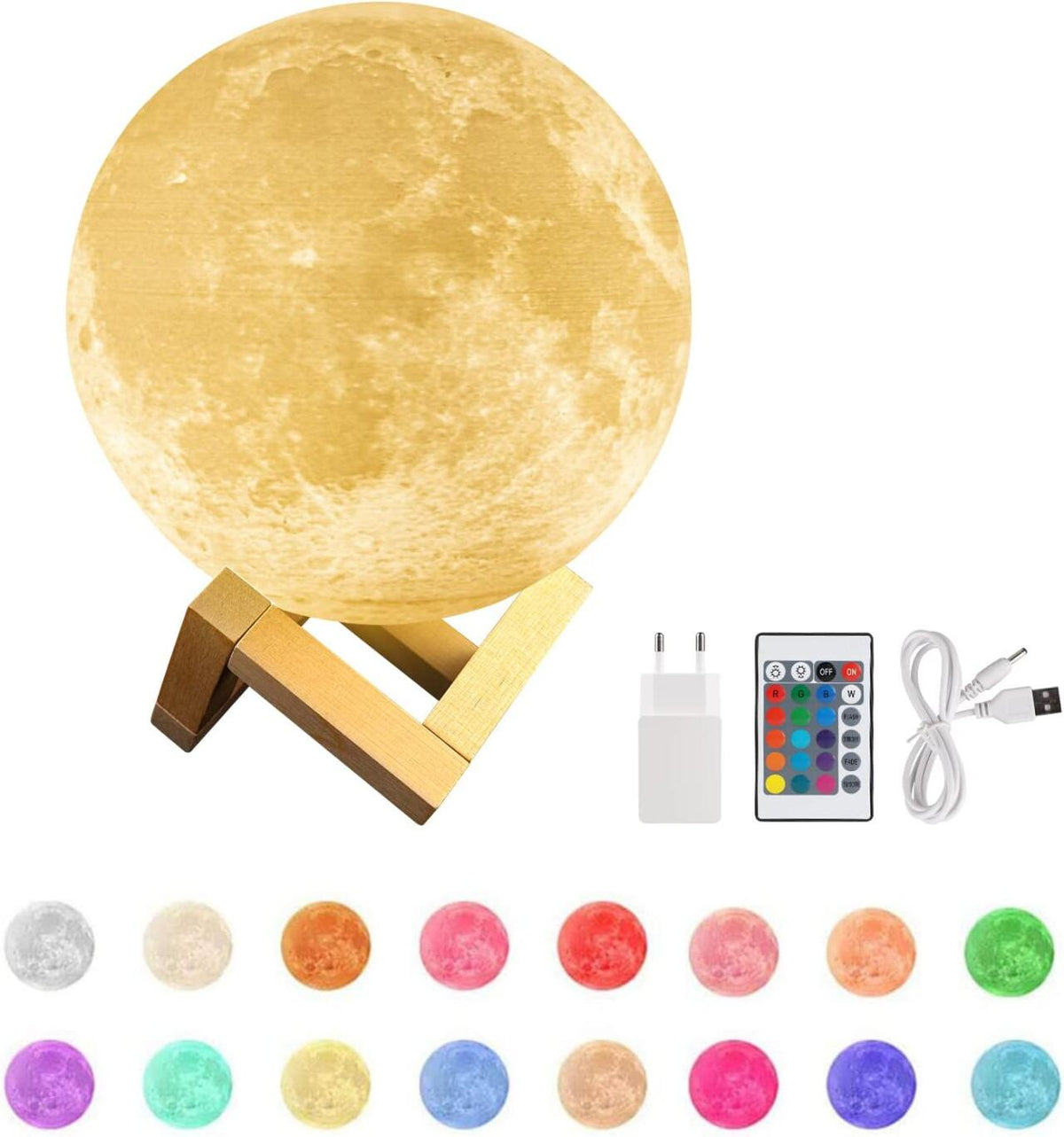Lámpara Luna 3D 15cm 16 Colores con Mando y Soporte Madera