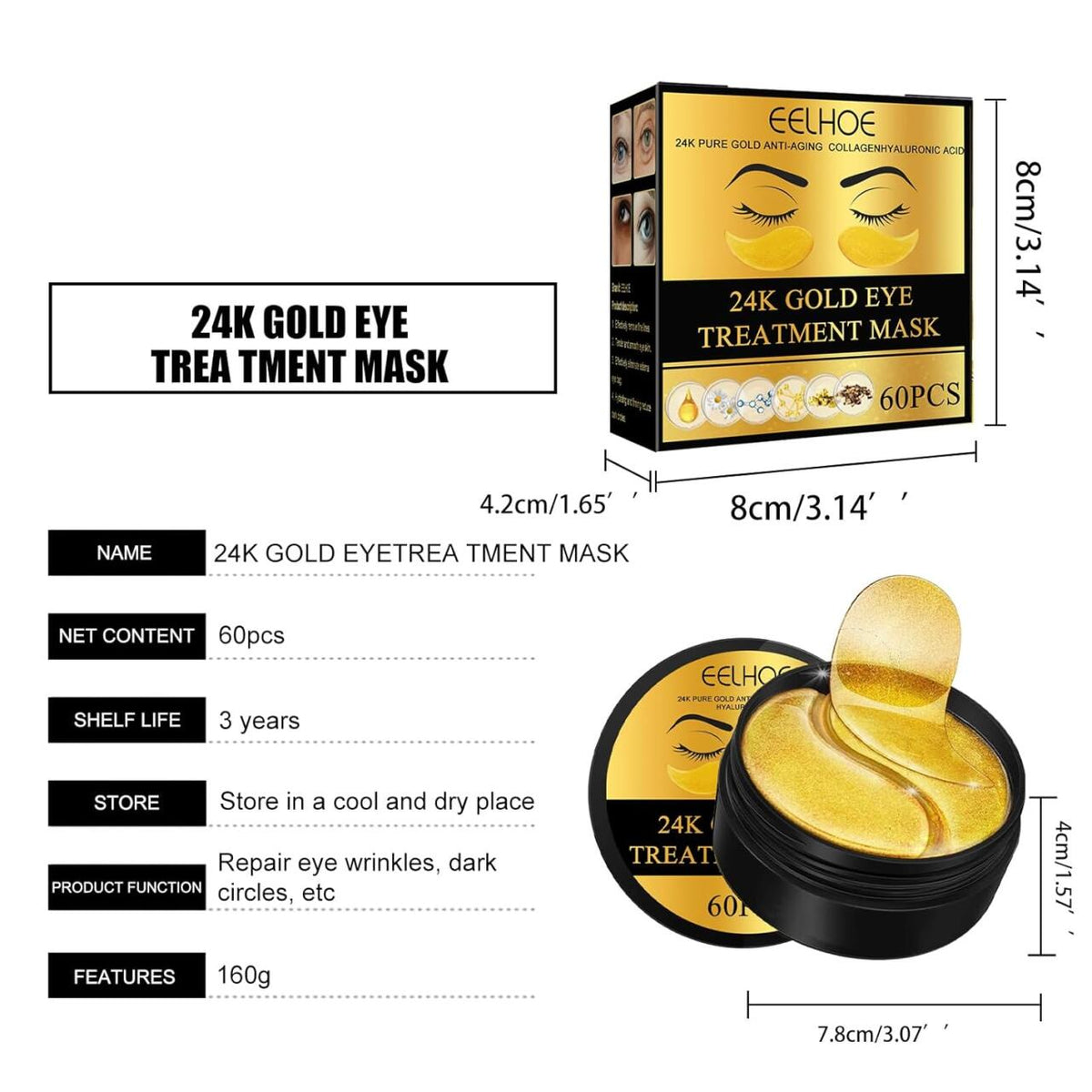 Parches de Oro 24K para Ojos – 60 Pcs