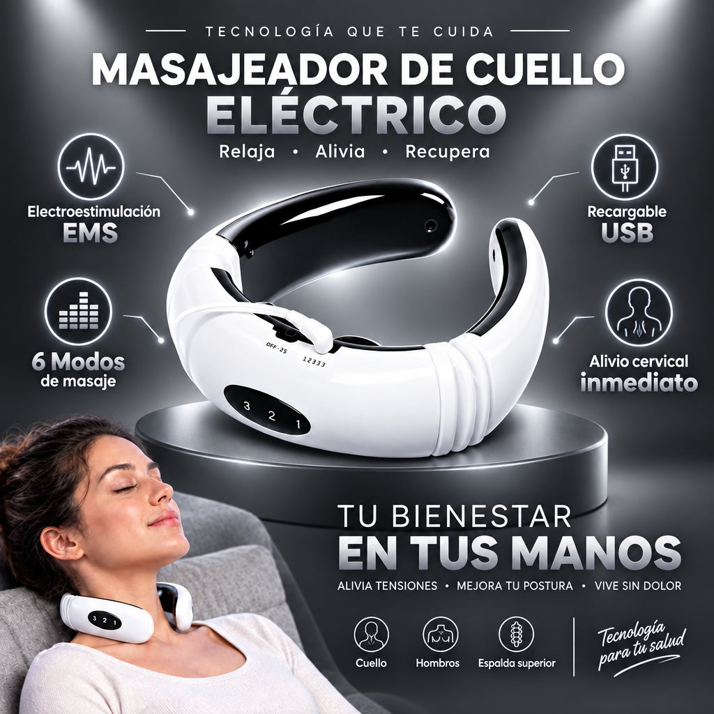 Masajeador Cervical Eléctrico EMS - 3 Modos - Alivio Cuello con Pulsos y Calor