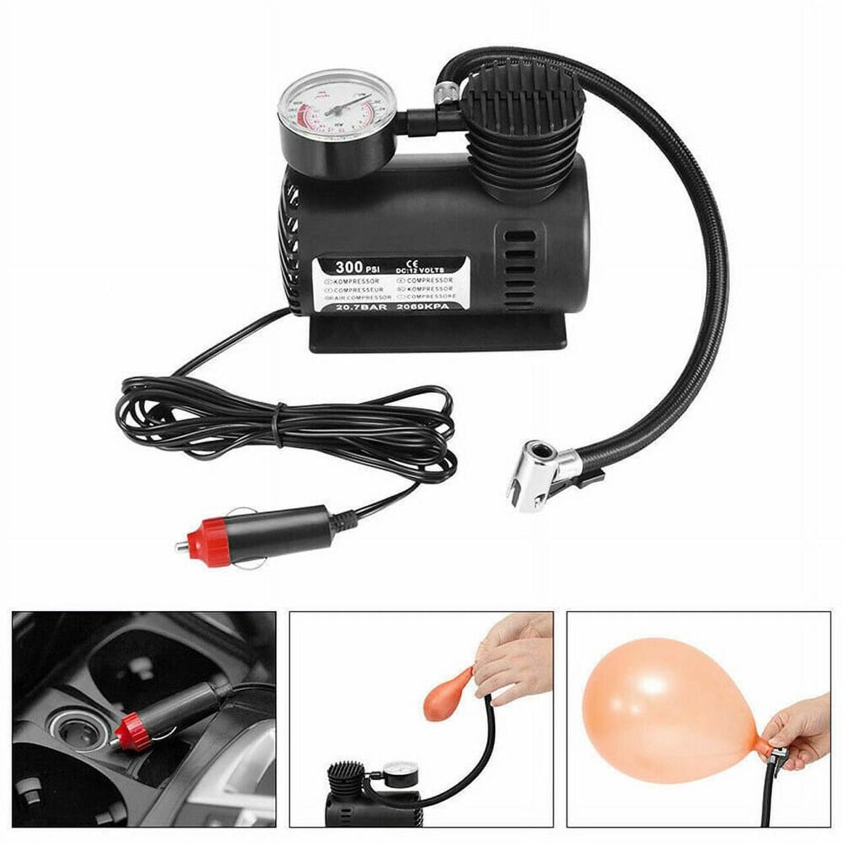Compresor de Aire Portátil 12V 300 PSI para Neumáticos Coche con Manómetro