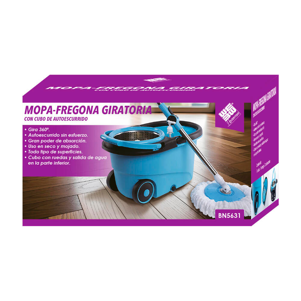 Fregona con Cubo Escurridor Inox y Ruedas - Mopa Giratoria 360º con 2 Recambios